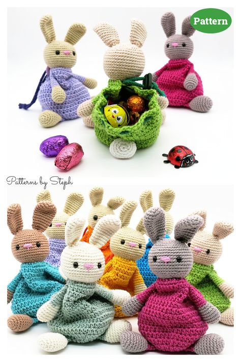 Crochet Rabbit Bag Pattern Free, Drawstring Bunny Bag Pattern, Crochet Bunny Drawstring Bag, Crochet Bunny Bag Free Pattern, Crochet Easter Amigurumi Free Patterns, Bunny Bag Crochet, Crochet Bunny Purse, Amigurumi Easter Free Pattern, Crochet Easter Baskets