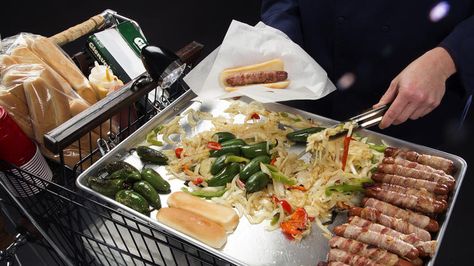 DIY hot dog cart - Found on Los Angeles Times website (article by Noelle Carter, dated 1/27/15)  Hot dog griddle: It’s simply a disposable chafing rack molded to fit under a sheet pan and heated, using two chafing fuel canisters. The rack and pan are attached to the cart so they don’t slip when the cart is in motion. Food Cart Diy, Bacon Wrapped Food, Superbowl Sunday Food, Sports Party Food, Bacon Wrapped Recipes, Bacon Wrapped Hotdogs, Wrapped Hot Dogs, Dog Cart, Hot Dog Cart