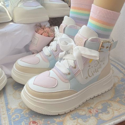 Kawaii Pastel Macaron Shoes Kawaii Sneakers Pastel, Kawaii Tennis Shoes, Kawaii Platform Sneakers, Cute Pastel Shoes, Soft Girl Shoes, Candycore Aesthetic Outfits, Pastel Kidcore Outfits, Cute Pastel Clothes, Kawaii Shoes Sneakers