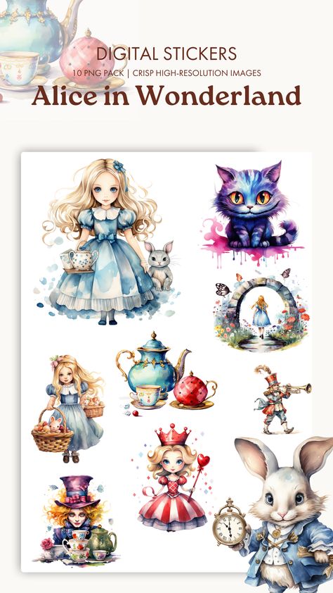 Watercolor Alice In Wonderland, Book Diy Ideas, Book Aesthetic Sticker, Alice In Wonderland Drawing, Alice In Wonderland Watercolor, Alice In Wonderland Stickers, Leather Drawing, Sticker Collection Book, Alice In Wonderland Clipart