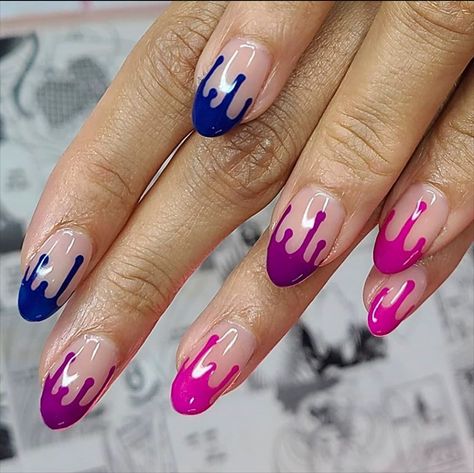 Bisexual Pride Nails Short, Drippy Nail Design, Pride Acrylics, Bi Nail Ideas, Bisexual Nails Acrylic, Trans Nails Designs, Bi Pride Nails Designs, Bisexual Nail Ideas, Trans Pride Nails