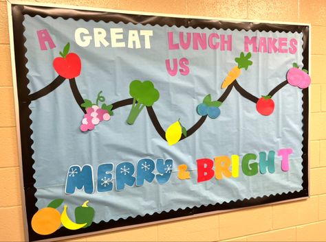 Christmas Bulletin Boards For School Cafeteria, Christmas School Cafeteria Decorations, Lunch Room Bulletin Boards Elementary Schools, School Kitchen Decorations, School Cafeteria Decorations Ideas, Winter Cafeteria Bulletin Boards, Elementary Cafeteria Decorations, Lunch Lady Door Decorations, School Cafeteria Christmas Decorations