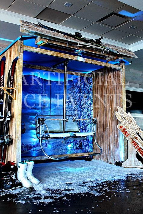 Fake Snow Party, Ski Lift Photo Booth, Ski Lodge Bar, Winter Photo Booth, Vintage Ski Photos, Christmas Booth, Ski Village, Ski Party, Chalet Chic