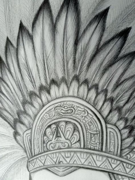 Aztec feather headdress drawing work in progress. Pencil sketch by Sherrie Thai of Shaireproductions.com Aztec Crown Tattoo, Aztec Headdress Drawing, Aztec Headdress Tattoo, Aztec Drawing Sketches, Aztec Feather Headdress, Aztec Crown, Headdress Drawing, Warrior Symbol Tattoo, Aztec Feathers