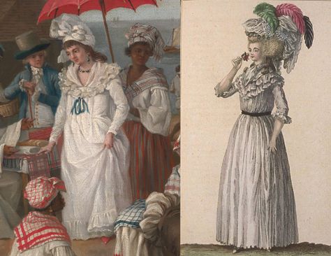 The French Antilles Creole style of women’s dress influence Marie Antoinette in her choice of a lighter cotton and less formal style she brought into mainstream fashion called Robe de Gaulle and later called Chemise a la Reine. It also caused widespread negative political backlash for the queen because the French fabric industry produced mostly luxury textiles such as silk and now cotton would be imported and not made in France. Caribbean Dress, Empress Josephine, Catherine De Medici, Riding Habit, Regency Era Fashion, Los Angeles City, City Museum, Long Gloves, October 27