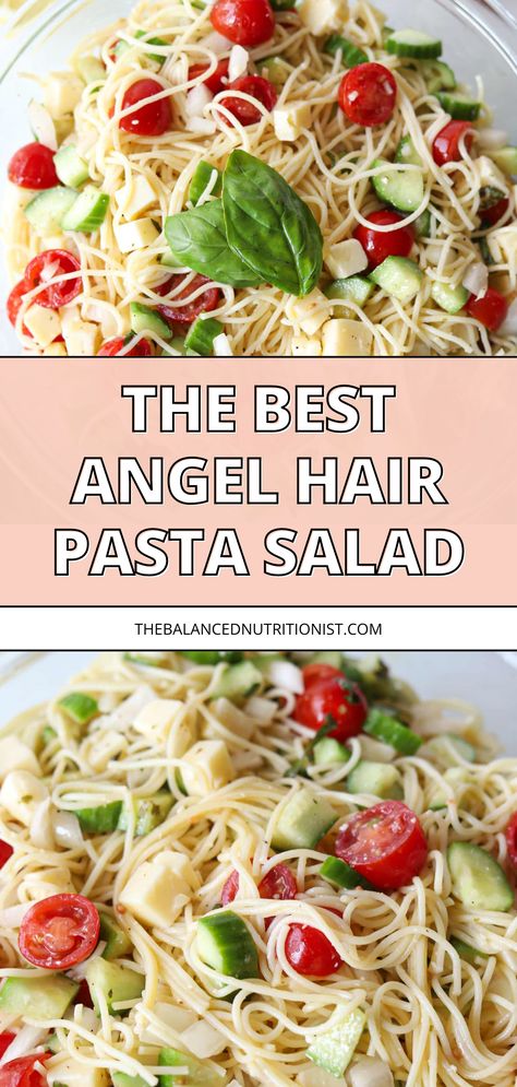 Try this cold angel hair pasta salad for a refreshing summer treat! This pasta salad with angel hair is the best cold dish for hot days. Featuring noodles, cucumber, and a tangy lemon vinaigrette, it's perfect as a potluck pasta salad or summer side dish. Enjoy this easy angel hair pasta salad at your next gathering! Easy Angel Hair Pasta, Potluck Pasta Salad, Angel Hair Pasta Salad, Angel Hair Noodles, Light Pasta Salads, Cooked Pasta Recipes, Pasta Salad Ingredients, Pasta Salad Dressing, Salad With Lemon