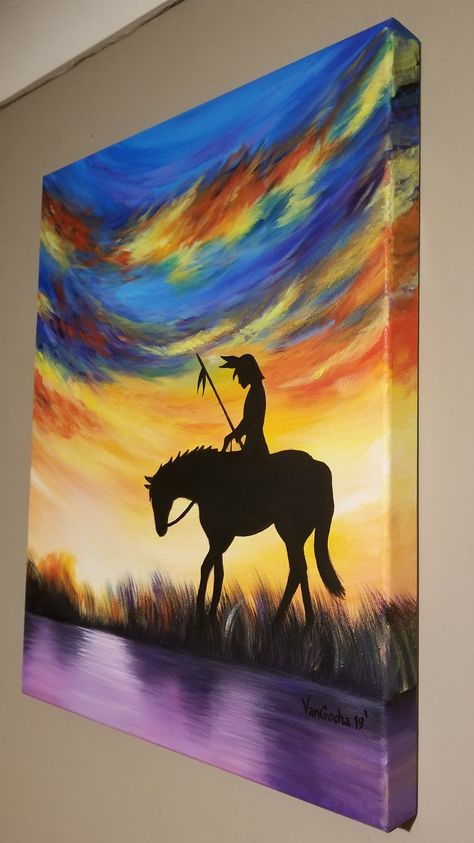 Native American Acrylic Painting on Boxed Canvas by Vangocha Native Acrylic Painting, Native American Canvas Painting, Native Paintings On Canvas, Native American Paintings Canvases, Native American Horse Art, Western Painting Ideas On Canvas, Western Painting Ideas, Native Paintings, Native American Art Projects