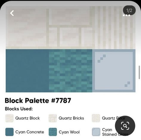 Minecraft Block Palette Tropical, Minecraft Color Palette Prismarine, Blue Builds Minecraft, Blue Block Pallet Minecraft, Blue Minecraft Palette, Minecraft Blue Color Palette, Pink Minecraft Pallet, Light Blue Minecraft House, Blue Minecraft Block Palette