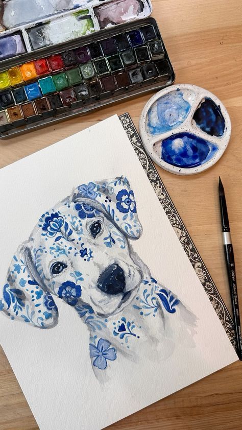 Dalmatian Illustration, Porcelain Dog, Dog Watercolor, Characters Inspiration Drawing, Diy Watercolor Painting, Blue Porcelain, Cute Paintings, Dog Painting, Arte Sketchbook