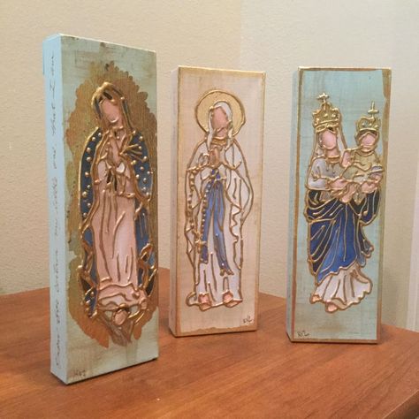 4 X 12 Mixed Media Painting of Our Lady of Fatima | Etsy Virgin Mary Art, Catholic Decor, Catholic Crafts, Glazing Techniques, Art Cart, Lady Of Lourdes, Our Lady Of Lourdes, Cross Art, Our Lady Of Guadalupe