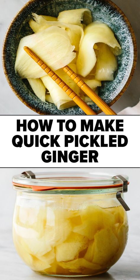 Quick pickled ginger recipe Pickles Recipes, Fermented Vegetables Recipes, Sushi Ginger, Pickled Vegetables Recipe, Ginger Recipe, Island Recipes, Dessert Sushi, Dessert Chef, Cibo Asiatico