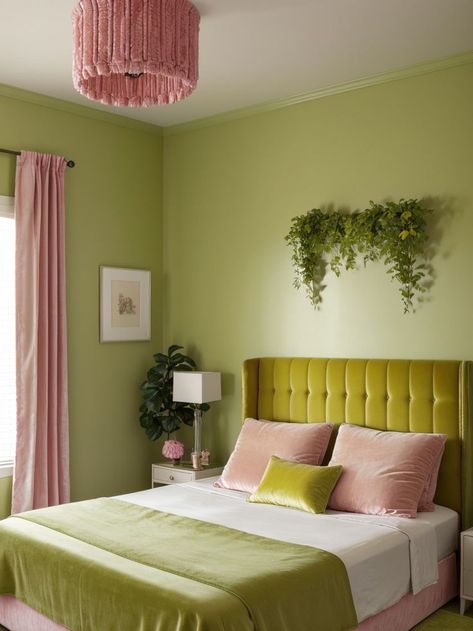 Create a vibrant and playful bedroom by incorporating a pink, green, and yellow color scheme. Add elements like a pink velvet tufted headboard, leafy green plants, and a yellow patterned rug to complete the aesthetic. Playful Bedroom, Velvet Tufted Headboard, Green Bedroom Walls, Vibrant Aesthetic, Yellow Colour Scheme, Patterned Rug, Pink Green Yellow, Tufted Headboard, Pink Room