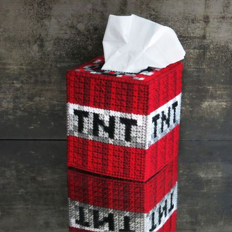 Picture of Minecraft TNT Tissue Box Cover Minecraft Tnt Block, Minecraft Diy Crafts, Minecraft Crochet, Minecraft Tnt, Everyday Crafts, Crochet Game, Diy Minecraft, Minecraft Bedroom, Plastic Canvas Tissue Boxes