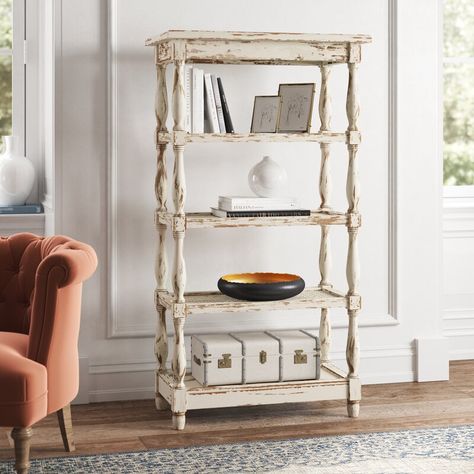 Botanical Apartment, Shabby Chic Bookcase, Gray Room, Kelly Clarkson Home, Carved Wood Frame, Shelving Racks, White Storage, Etagere Bookcase, Kelly Clarkson