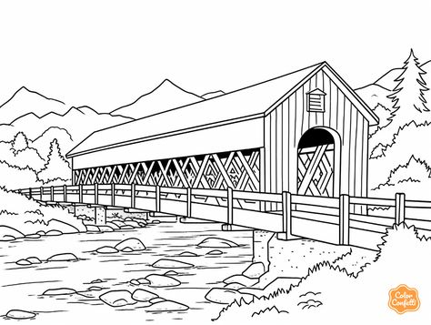 illustration of Lovely covered bridge coloring Owl Coloring, Mandala Turtle, Owl Coloring Pages, Fun Coloring Pages, Covered Bridge, Cool Coloring Pages, Fantasy Fairy, Covered Bridges, Free Kids