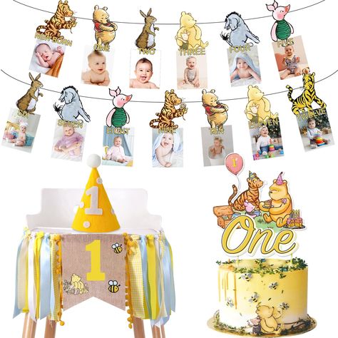 PRICES MAY VARY. package includes: 1 pcs newborn to 12 month photo banner with various classic winnie patterns, 1 pcs 1st birthday hat, 1 pcs 1st birthday high chair banner, 1 pcs vintage winnie cake topper, 2 pcs glues. these classic winnie 1st birthday party decorations help maintain a consistent theme throughout the party, creating a cohesive and visually appealing atmosphere easy to use: you need to glue the photos of your baby from birth to 12 months onto the classic winnie banner, and then Our Hunny Turns One, Pooh Cake Topper, Photo Banner First Birthday, First Birthday Hat, Baby First Birthday Themes, Pooh Cake, 1st Birthday Hats, First Birthday Hats, Pooh Birthday