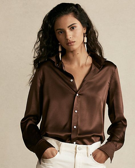 Silk Charmeuse Shirt Shawl Collar Cardigan, Brown Silk, Shell Buttons, Silk Charmeuse, Women Hoodies Sweatshirts, Silk Shirt, Mulberry Silk, Silk Blouse, Casual Shirts For Men