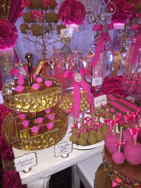 Fuschia Pink and Gold Wedding Sweets Table with Chocolate Candy Apples, Cake Pops, and Assorted delicious candies. #candybuffet #dessertbuffet #sweetstable #pinkandgoldsweetstable Wedding Sweets Bar, Purple Candy Buffet, Pink Birthday Party Decorations, 55 Birthday, Sweets Table Wedding, 26 Birthday, Fuschia Wedding, Pink Gold Party, Birthday Behavior