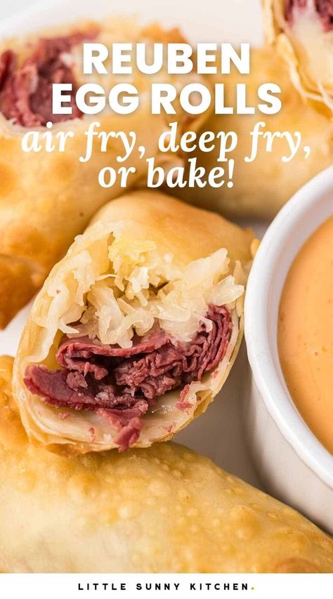 These easy Reuben Egg Rolls are the perfect easy appetizer for game days or gatherings. Air fry or deep fry for crispy egg rolls! Keto Air Fryer Cheeseburger Egg Rolls, Rueben Eggrolls Airfryer, Reuben Egg Rolls Air Fryer, Different Types Of Egg Rolls, Ruben Egg Rolls Recipe, Rueben Eggrolls, Freezable Appetizers, Egg Rolls Recipes, Deep Fried Egg Rolls