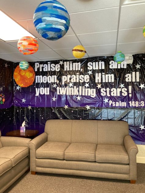 Vbs Outer Space Theme, Vbs Stellar, Vbs Space, Space Vbs, Stellar Vbs, Camp Decor, Vbs Decorations, Outer Space Decorations, Science Camp