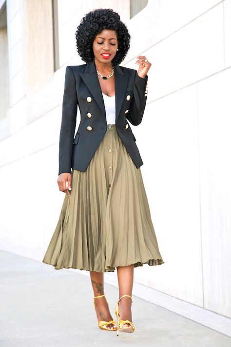 Double Breasted Blazer + V-Neck Body + Pleated Midi Skirt – StylePantry Pleated Midi Skirt Outfit, Blazer With Skirt, Pleated Skirt Outfit, Midi Skirt Outfit, Midi Skirt Pencil, Fashion Hacks Clothes, Modest Fashion Outfits, Breasted Blazer, Dressy Outfits