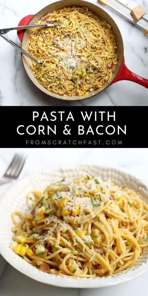 This pasta with corn and bacon is the ultimate weeknight meal. Spaghetti gets twirled around sweet corn, bacon and parmesan for a lightened-up take on carbonara. #glutenfree #easymeals #sweetcornrecipes #pastawithcorn Pasta With Corn Easy Recipes, Corn Carbonara Pasta, Spicy Corn Carbonara, Corn And Bacon Pasta, Pasta Corn Recipes, Bacon Corn Pasta, Corn Carbonara, Corn Spaghetti, Pasta With Corn