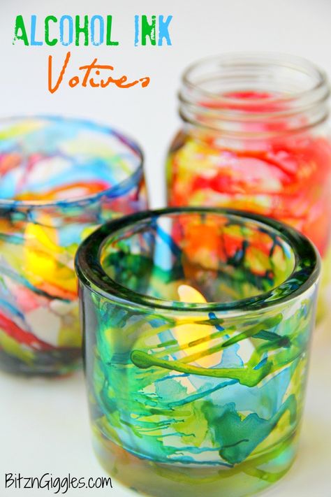 Make Ink Splatter Votive Holders | Dollar Store Crafts | Bloglovin’ Alcohol Ink Glass, Homemade Alcohol, Sister Crafts, Glass Votives, Ink Crafts, Alcohol Ink Crafts, Glass Votive Holders, Ink Splatter, Thrift Store Crafts