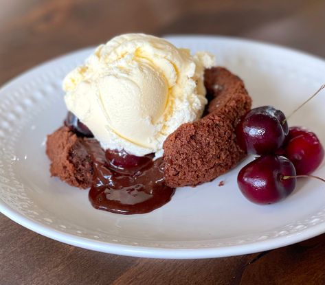 Dark Chocolate Cherry Lava Cake - Deals to Meals Cherry Lava Cake, Sweet Chocolate Cake, Cake Printing, Free Groceries, Lava Cake, Fresh Cherries, Pastry Brushes, Lava Cakes, Hot Fudge