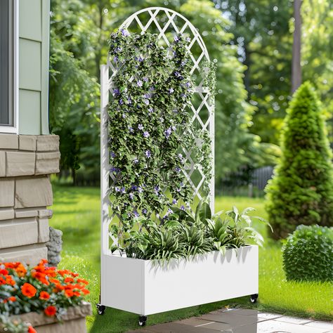 5.9 ft. H x 3 ft. W Archerd Metal Planter Box with Trellis, 1 - Pick ‘n Save Planter Box Trellis, Planters For Balcony, Planter With Trellis, Planter Box With Trellis, Garden Railings, White Arch, Metal Trellis, Railing Planters, Metal Planter Boxes