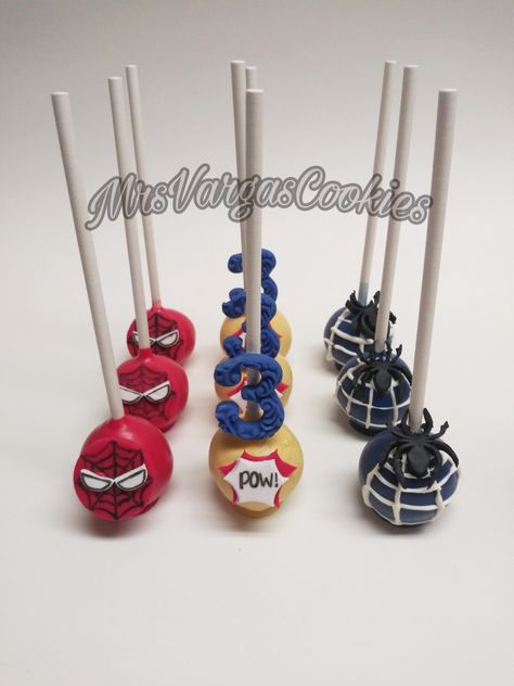 Spiderman Cakepops by MrsVargasCookies Spiderman Cakepops Ideas, Spiderman Cakepops, Spiderman Cake Pops, Pastel Spiderman, Hulk Party, Spiderman Birthday Cake, Boy Party Favors, Avenger Birthday Party, Spiderman Birthday Party