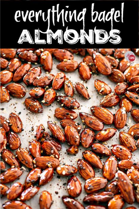 These crunchy almonds are glazed with a sweet and salty everything bagel seasoning to give them the perfect spice! Use it to make a new trail mix or just snack on them by themselves. Savory Almonds Roasted, Roasted Nuts Recipe Savory Keto, Everything Bagel Almonds, Spiced Almonds Recipe Savory, Seasoned Roasted Almonds, Spiced Almonds Savory, How To Season Almonds, Almond Seasoning Recipes, Almond Recipes Savory