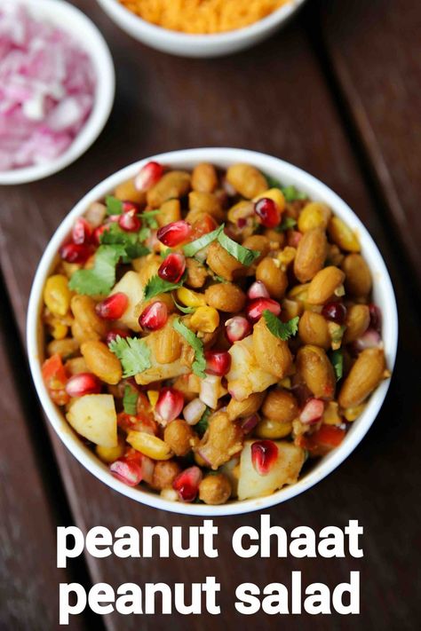 peanut chaat recipe | boiled peanut chaat salad | groundnut chat Peanut Chat Recipes, Veg Salad Recipes Indian, Groundnuts Recipe, Chaat Platter, Chaat Salad, Peanut Chaat Recipe, Peanut Chaat, Pappu Recipe, Teatime Snacks