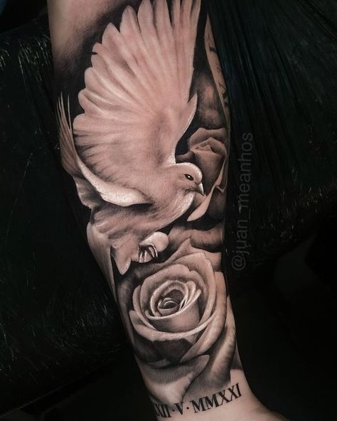 Dove Forearm Tattoo, Realistic Dove Tattoo, Dove Tattoo Men, Dove Neck Tattoo, Shen Long Tattoo, Dove Tattoo Design, Dove Tattoos, Dove Tattoo, Nature Tattoo Sleeve