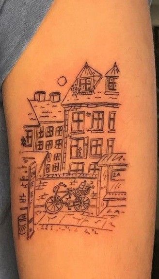 Building Tattoo Architecture, Architecture Tattoo Ideas, Cityscape Tattoo, Small Detailed Tattoos, Postcard Tattoo, Town Tattoo, Building Tattoo, Window Tattoo, Aesthetic Tattoo Ideas