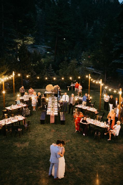 State Park Wedding Reception, Long Tables Wedding, Estes Park Resort, Wedding Reception Setup, Estes Park Wedding Venues, Wedding Reception Tables Centerpieces, Rehearsal Dinner Planning, Park Wedding Ceremony, Rustic Mountain Wedding