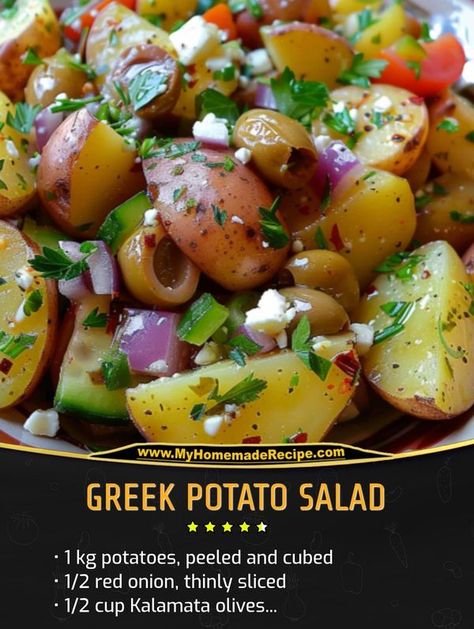 My Home Made Recipe | Greek Potato Salad | Facebook Greek Potato Salad Recipe, Mediterranean Potato Salad, Salad With Black Olives, Greek Potato Salad, Greek Roasted Potatoes, Greek Dressing, Greek Potatoes, Savoury Recipes, Potatoe Salad Recipe