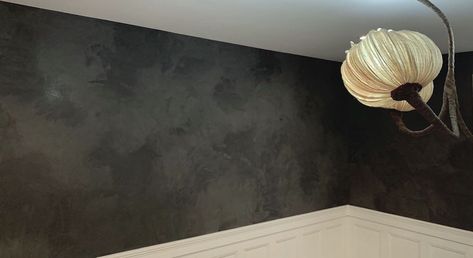 Limewash Black Wall, Black Lime Wash Walls, Dark Lime Wash, Black Limewash Wall, Gray Limewash, White Wainscotting, Wash Walls, Faux Painting Walls, Lime Wash Walls