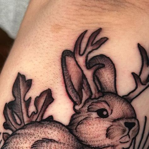 Jackalope Tattoo Design, Jackalope Tattoo Traditional, American Traditional Jackalope Tattoo, Jackalope Tattoo Cute, Jackalope Embroidery, Jackalope Tattoo, Jackalope Linocut, Bunny Tattoos, Tattoo Traditional