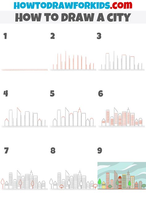 How to Draw a City Step by Step - Easy Drawing Tutorial For Kids How To Draw A City Step By Step, City Drawing Easy, Draw A City, Landscape Drawing Tutorial, Skyline Drawing, Cityscape Drawing, How To Build Steps, Adult Coloring Books Printables, Easy Drawing Tutorial