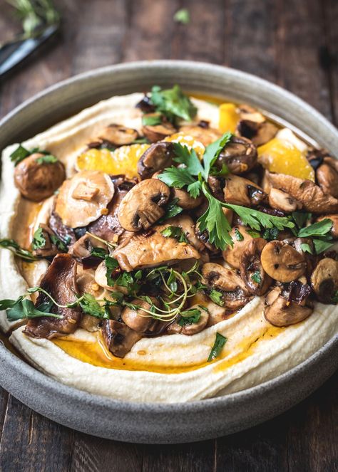 Confit Garlic Hummus with Grilled Mushrooms — saltnpepperhere Confit Garlic, Creamy Hummus, Ottolenghi Recipes, Sautéed Mushrooms, Garlic Hummus, Marinated Mushrooms, Grilled Mushrooms, Hummus Recipe, Group Meals