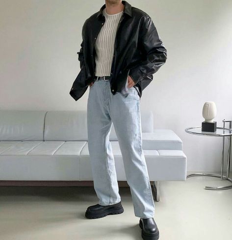 90s Leather Jacket Outfit Men, Korean Leather Jacket Outfit Men, Oversized Leather Jacket Outfits Men, Leather Jacket Men Aesthetic, Vintage Leather Jacket Outfit Men, Leather Jacket Outfit Men Aesthetic, Chelsea Boots Outfit Casual, Jacket Outfits For Men, Leather Shirt Outfit