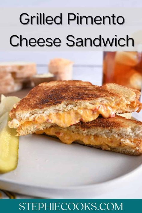 What happens when you combine a grilled cheese and a pimento cheese sandwich? Maybe one of the best lunches around! This grilled pimento cheese sandwich is savory, melty, crispy, and so perfect. Smoked Pimento Cheese Recipe, Honey Pimento Cheese Chicken Sandwich, Pimento Cheese Grilled Cheese, Pimento Cheese Panini, Pimento Grilled Cheese Sandwich, Grilled Pimento Cheese Sandwich, Rv Snacks, Pimento Cheese Sandwich, Crispy Grilled Cheese