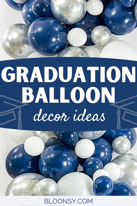 Graduating soon?! Check out these adorable balloon graduation party ideas for indoors and outdoors & the coolest balloon photo backdrop ideas! #graduation #balloondecoration Navy Blue Graduation Party Decorations, Backdrop Ideas Graduation, Navy Graduation Party, Navy Blue Graduation Party, Balloon Photo Backdrop, Themed Graduation Party, Money Balloon, Balloon Graduation, Balloon Decoration Ideas