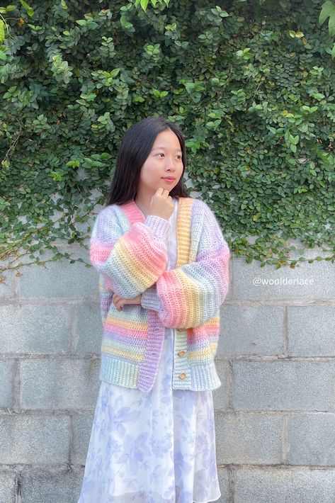 A gorgeous is wearing a colorful rainbow tie-dye cardigan. This beautiful sweater is totally handmade with crochet technique. The material is fuzzy wool (68% acrylic, 21% nylon, 8% wool, 3% spandex). The finished item is now available on her Woolderlace Etsy store. Pastel Cardigan, Enid Sinclair, Soft Girl Outfits, Hand Knit Sweater, Rainbow Tie Dye, Crochet And Knitting, Rainbow Tie, Cute Sweater, Soft Clothes