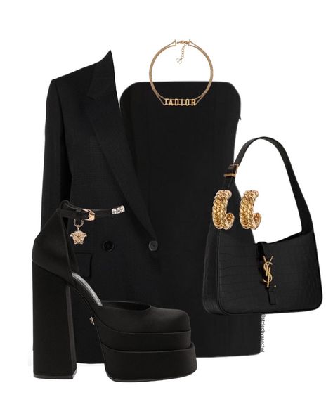 Fancy Elegant Dresses, Black And Gold Outfit Ideas, Black Platform Heels Outfit, Gold Heels Outfit, Versace Style, Versace Outfit, Aesthetic Outfit, Looks Chic, Gold Accessories