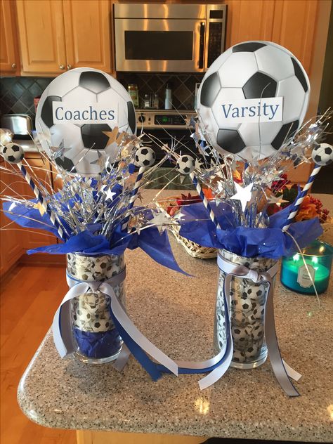 Centerpieces for soccer banquet Diy Soccer Centerpiece Ideas, Soccer Ball Centerpieces, Soccer Centerpieces Banquet, Centerpieces For Sports Banquet, Soccer Party Centerpieces, Athletic Banquet Centerpieces, Sport Banquet Centerpieces, Soccer Banquet Decorations, Soccer Centerpiece Ideas