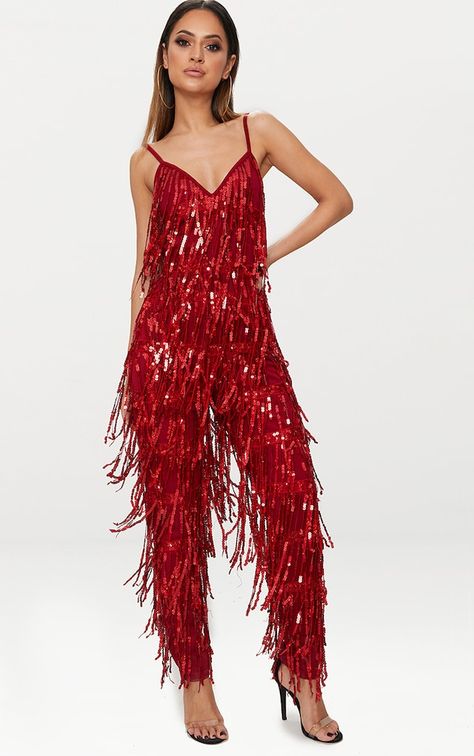 Red Tassel Sequin Jumpsuit Red Sequin Jumpsuit, V Neck Jumpsuit, Cheap Jumpsuits, Elegant Sweater, Sequin Jumpsuit, Future Outfit, Stage Costume, Dress Aesthetic, Red Sequin