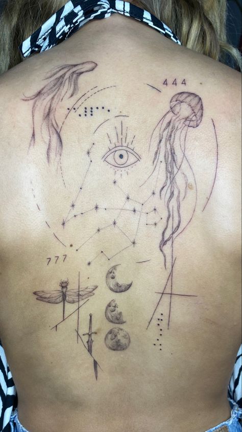 Tattoo Of Moon, Moon Jellyfish Tattoo, Tattoo Angel Numbers, Angel Numbers Tattoo, Big Tattoos, Tattoo Jellyfish, Numbers Tattoo, Tattoo Angel, Constellation Tattoo