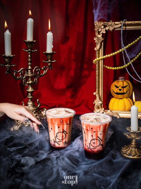 Halloween 
Milktea
Conceptual photography 
Photography
Still-life 
Creative concept Halloween Dessert Photography, Halloween Drink Photography, Halloween Food Photoshoot, Halloween Food Photography, Halloween Product Photography, Halloween Alcohol, Candles Stand, Halloween Social, Food Videography