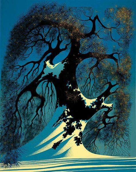 Eyvind Earle. Best known for his contribution to the background illustration and styling of Disney animated films in the 1950s. (Album) (imgur.com) Eyvind Earle, Magical Realism, Lovely Pictures, Winter Illustration, Magic Realism, Paul Gauguin, Artistic Inspiration, Fun Art, Pics Art